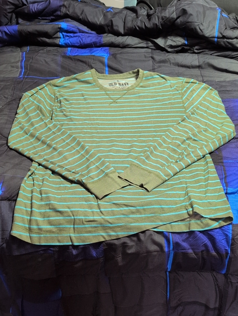 Old Navy Olive & Light Blue Striped Crewneck Long Sleeve Tee